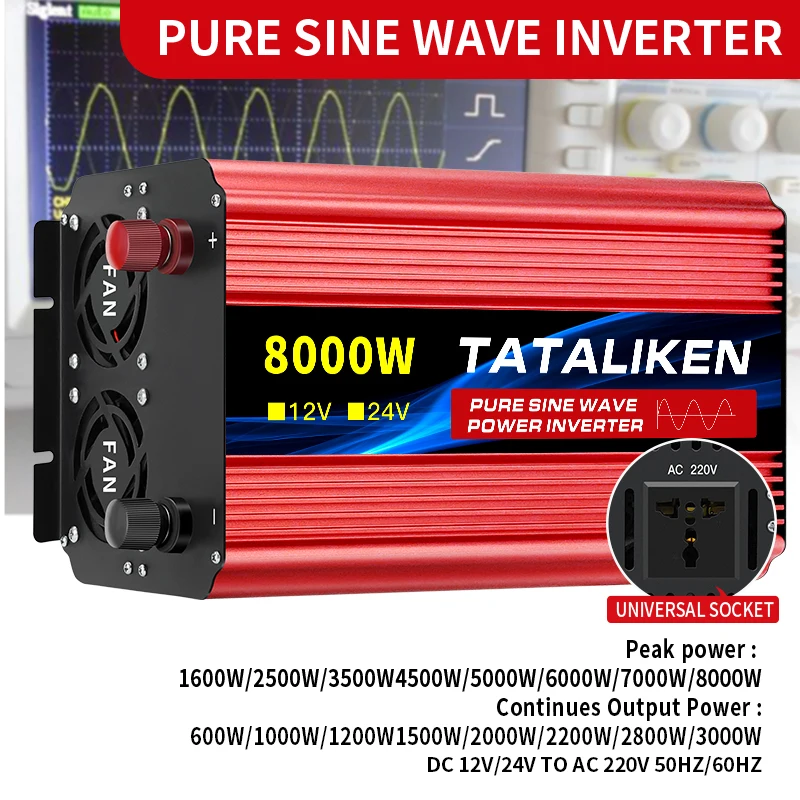 

Pure Sine Wave Inverter DC 12v to AC 220V 8000W 7000W 6000W 5000W 4500W 3500W 2500W 1600W Portable Mobile Power Converter Solar