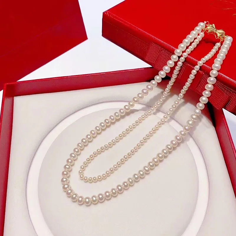 

New Fashionable Personalized Freshwater White Pearl Necklace Double Layer Mother-Child Chain 7-8mm Gift for Girlfriend Jewelry 1
