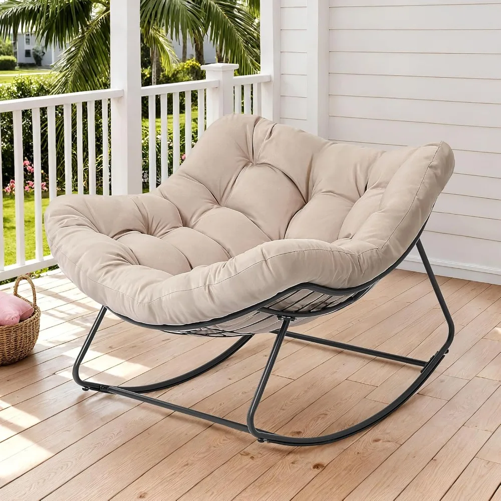 

Outdoor Papasan Rocking Chair, 450 lbs Oversized Comfy Patio Chair with Thickened Cushion, Indoor Egg Rocking, Customized