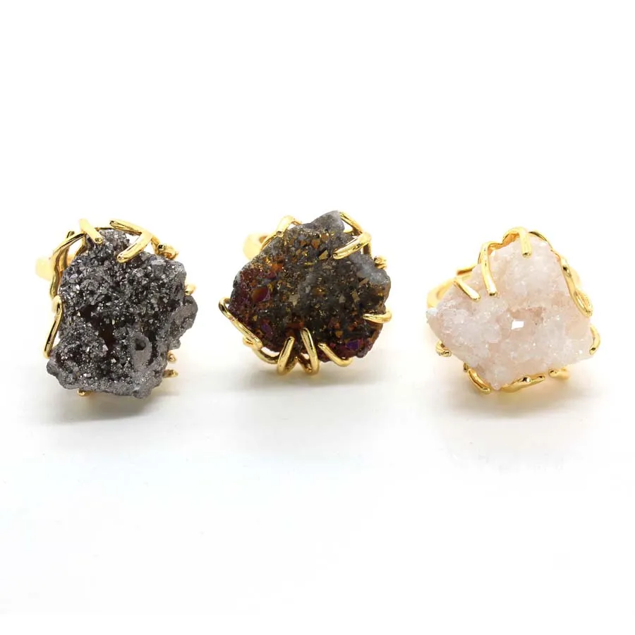 Colorful Crystal Stone Rings For Women Men Natural Irregular Druzy Geode Quartz Rainbow Agate Crystal Stone Finger Ring Jewelry view 4