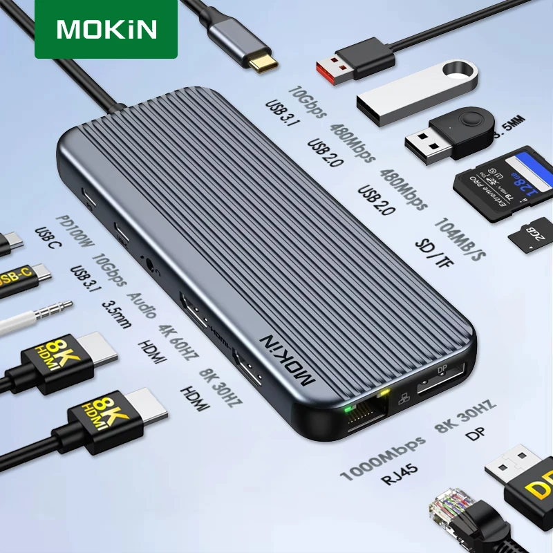 

MOKiN 12 in 1 USB C Hub Docking Station USB3.1 HDMI 4K60Hz PD 100W RJ45 1Gbps Audio for MacBook Air/Pro iPad Thunderbolt Laptop
