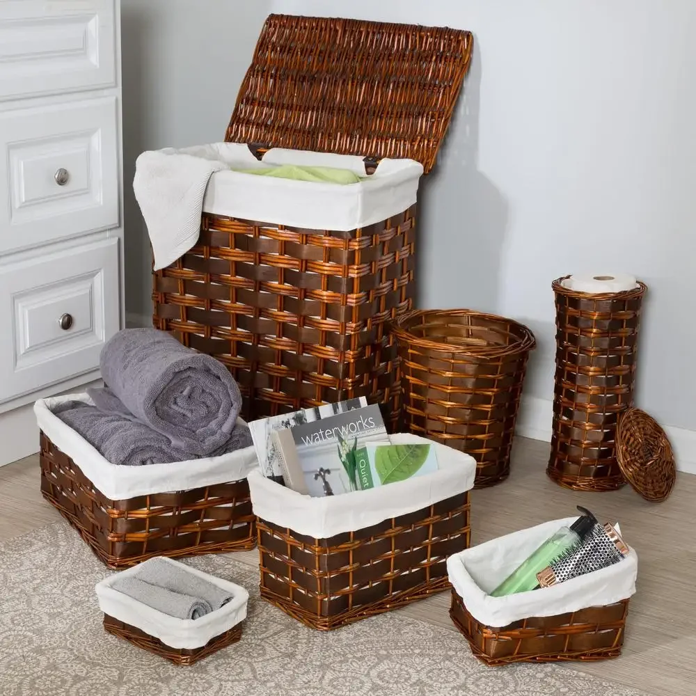 7-Piece Wicker Bath Storage Basket Set of Brown/Natural Hamper Toilet Roll Holder Waste Basket 4 Baskets Versatile Storage