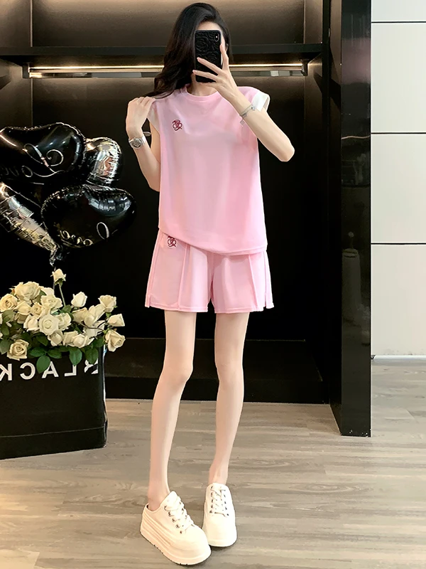

Повседневный спортивный костюм: женский розовый комплект из футболки с коротким рукавом и шорт, молодежный, с эффектом стройности, летняя коллекция