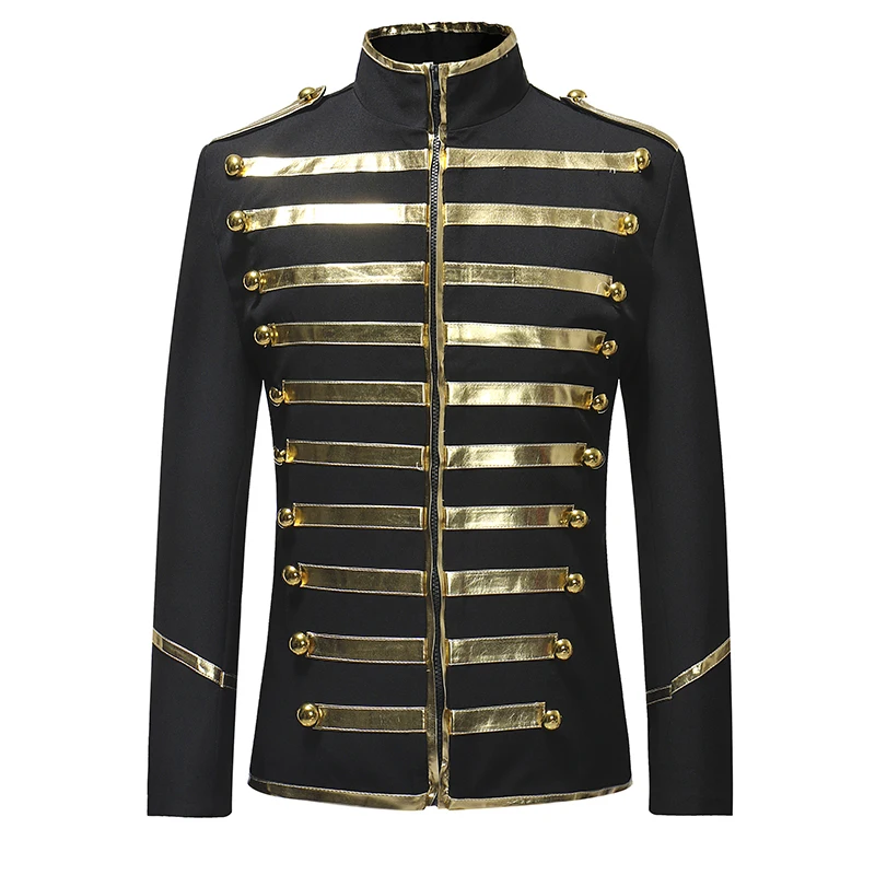 Men's Gold Leather Strips Suit Blazers Zip Fly Drama Costume Party Coat Men Glossy Silver Stripe Coat Jackets Singer Stage Dress