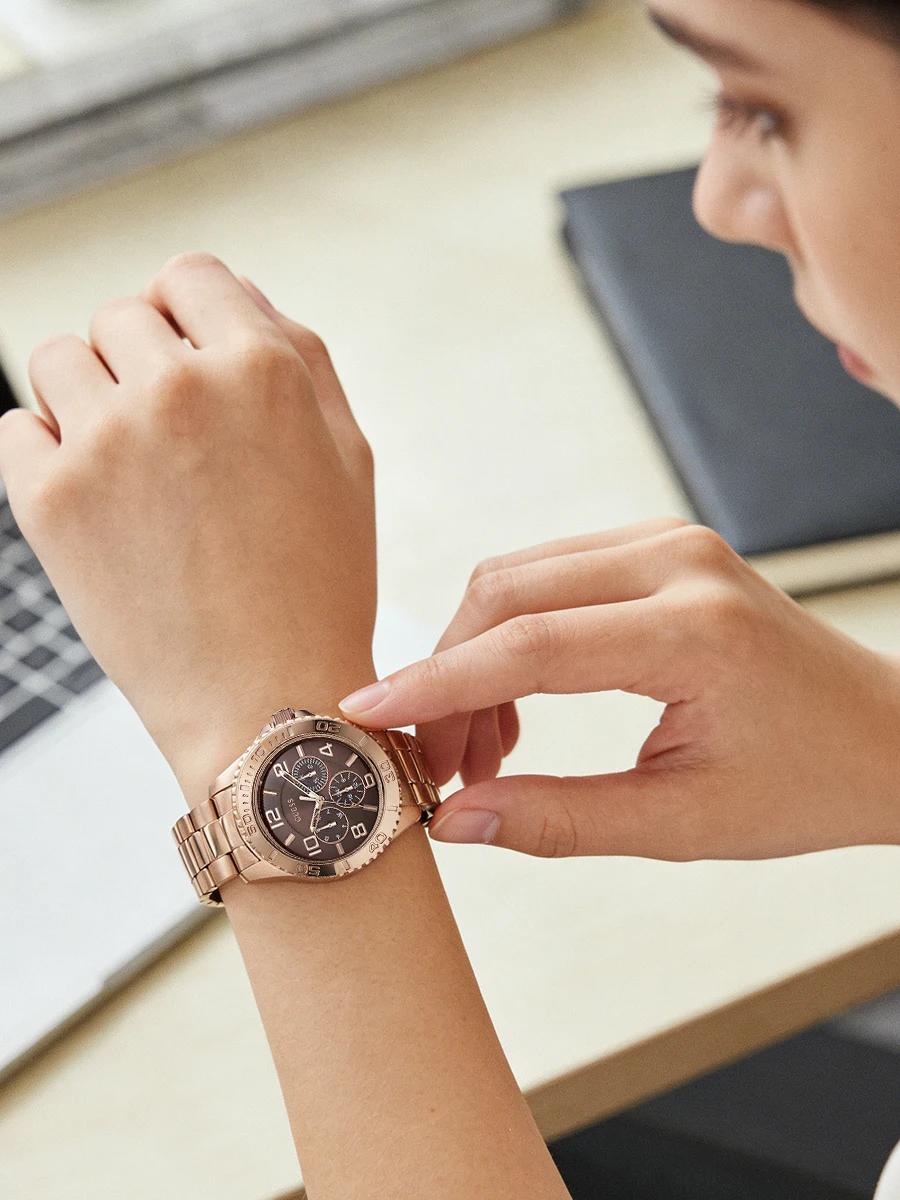 GUESS Ladies Rose Gold Steel Watch Chocolate Brown Dial Textured Bezel Multifunction Quartz Elegant Luxury Party Friend Gift