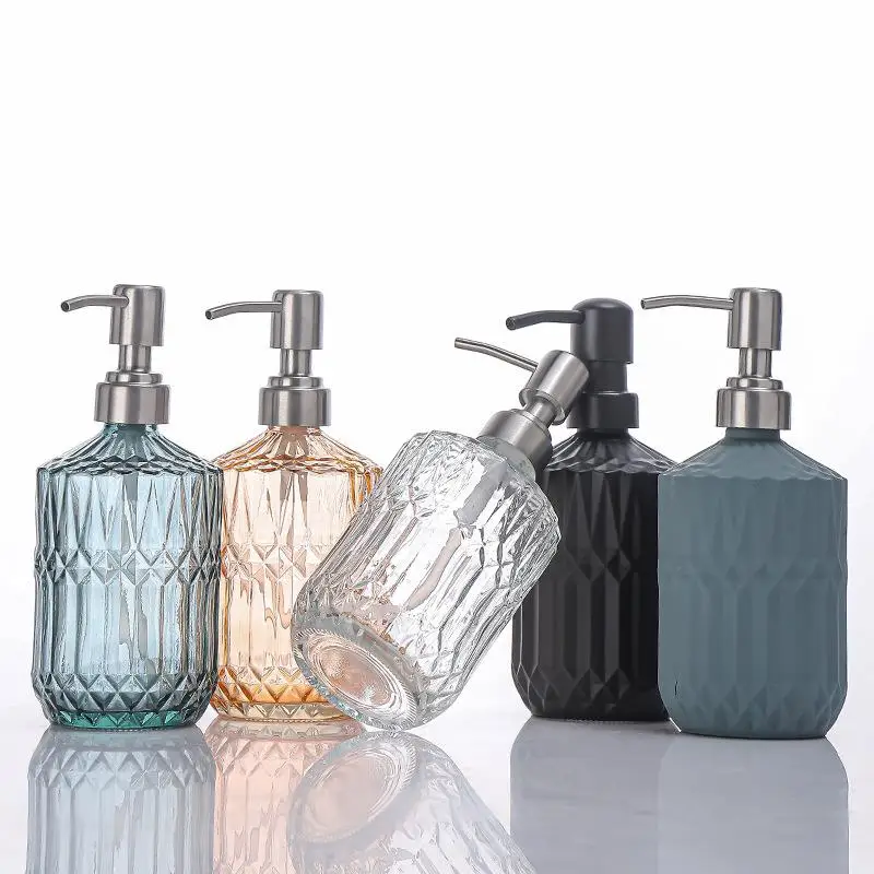 400ml Capacity Leak-Proof  Glass Hand Soap Dispenser With Diamond Textured And Rustproof Pump For Bathroom Kitchen Countertop
