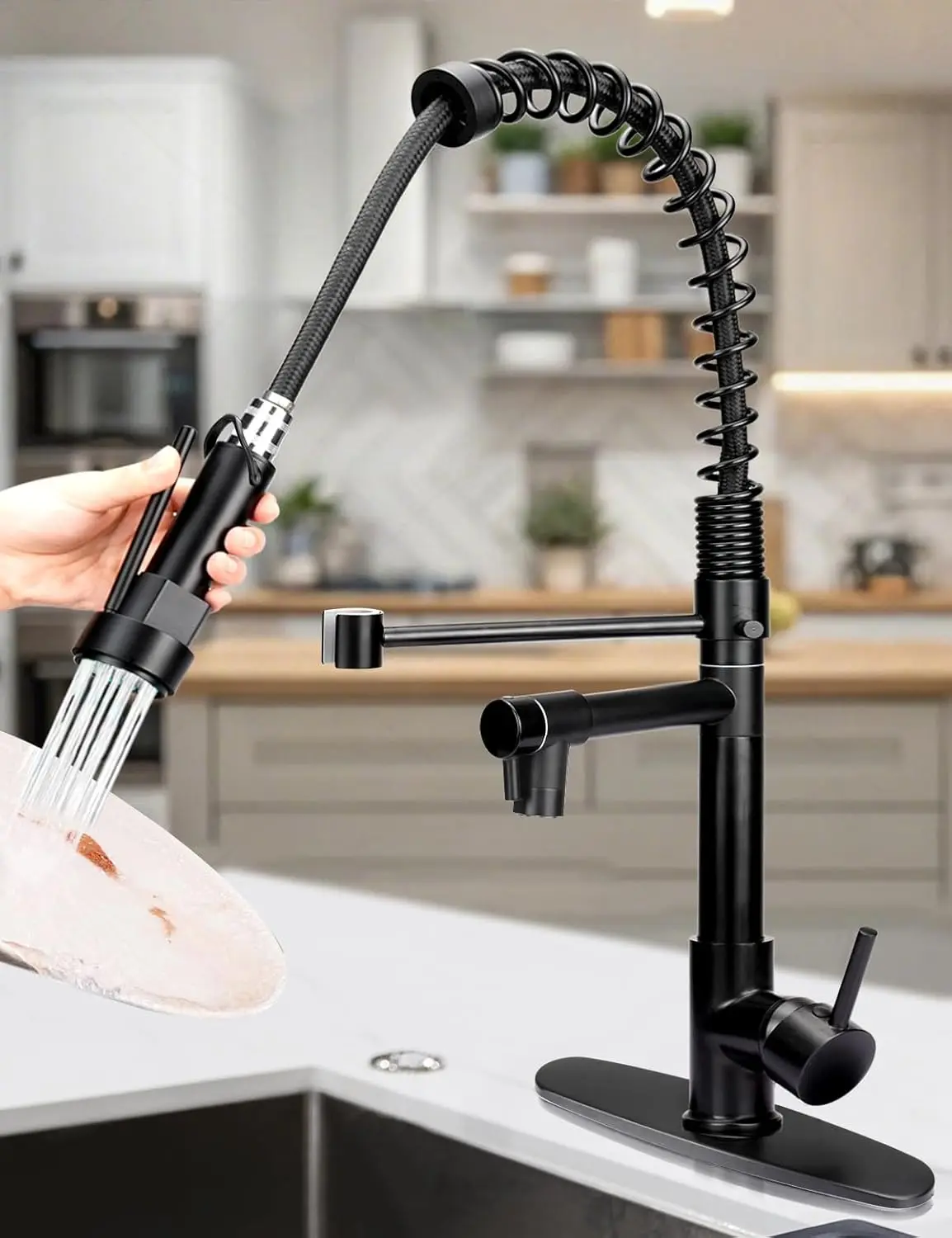 

Black Kitchen Faucet with Pull Down Sprayer， Single Handle High Pressure Kitchen Sink Faucet Commercial Double-Headed Kit