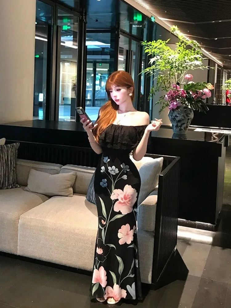

Uomosi STAZF7 plus Size Pure Desire Lace Trim One Shoulder Waist Cinched Summer Vintage Print Fish Tail Skirt Women's Dress