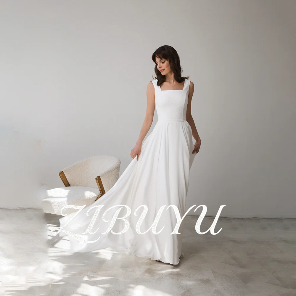 

ZIBUYU Customized Minimalist Wedding Dress Square Neckline Backless Sleeveless Lace Bodice Chiffon Skirt Button Back Bridal Gown