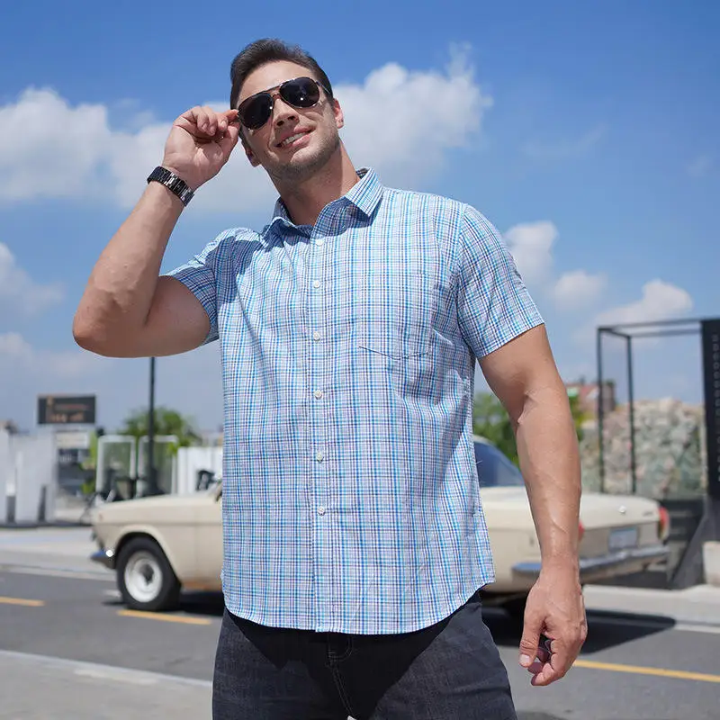 

plus Size Summer Thin Short Sleeve Plaid Shirt Versatile Fat Trendy Men's Cotton Floral Patterned Shirt for plus Size Men