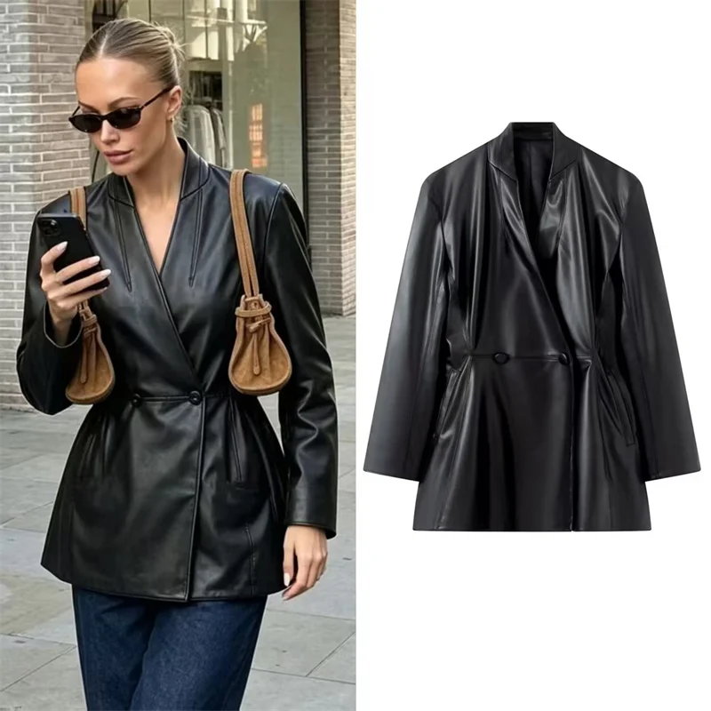 Guobioziy 2026 Fall New Arrival Women's Jacket Black Long-Sleeve Faux Leather Pleated Decorative Trench Coat, Stylish and Trendy