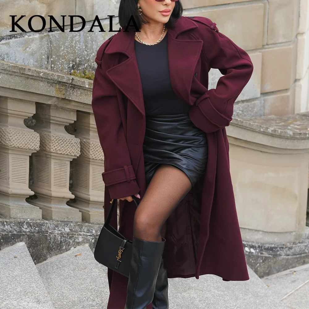 KONDALA 2025 가을 겨울 캐주얼 여성 롱 블렌드 롱 코트 버건디 빈티지 더블 브레스티드 끈 드롭 숄더 롱 코트