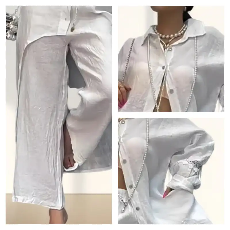 Women’s 2 Piece Outfits Casual Shirt and Pants Set Trendy Solid Color Two-Piece Outfit Irregular Hem Long Sleeve Shirt & Pants