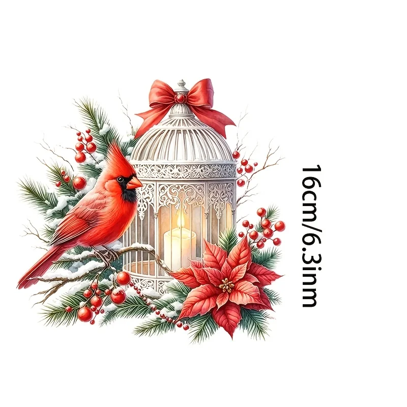 2D Flat Christmas Cardinal Bird Lantern Vinyl Sticker, Waterproof Decal for Car Laptop Water Bottle Wall Window, Holiday Gift