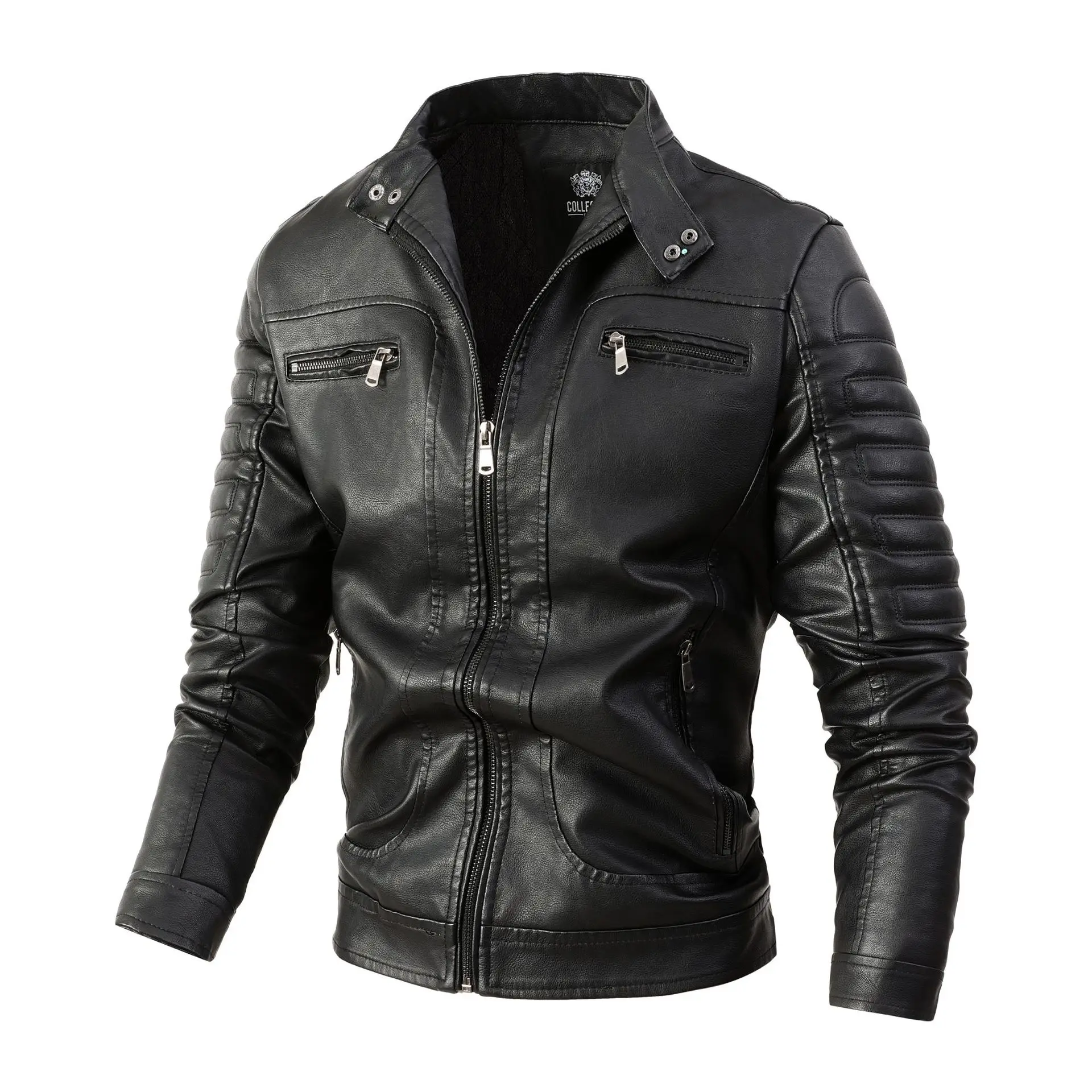 

Winter Black PU Leather Jacket Men Fleece Warm Motorcycle Jackets Slim Street Fashion BLack Biker Coat Pleated Design Zipper