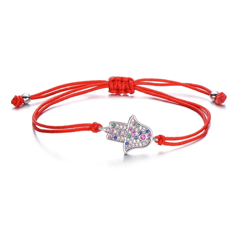 Multicolor Cubic Zirconia Crystal Hamsa Hand Lucky Charm Bracelet Women Fatima Red String Handcrafted Adjustable Jewelry Present