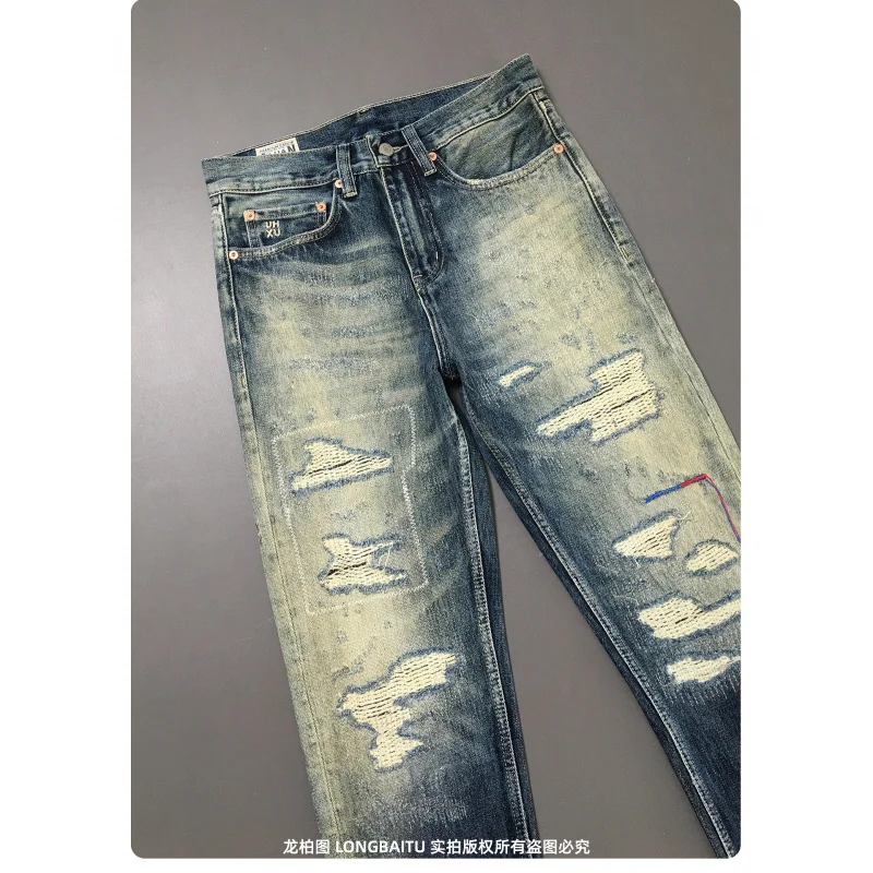 Broken hole patch heavyweight jeans for men 2025 new style American retro non elastic loose straight tube nostalgic long pants