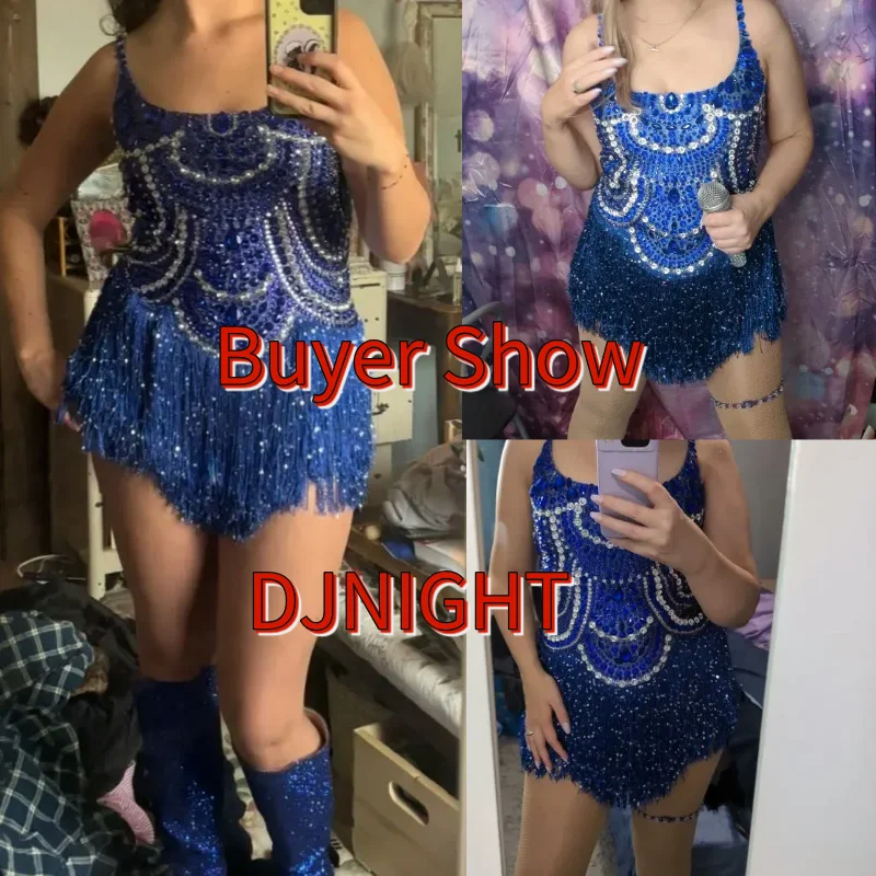 Blue Rhinestones Fringed Bodysuit Bar Nightclub Dj Ds Rave Outfit Women Sexy Gogo Dance Costume Stage Pole Dance Clothing 8324