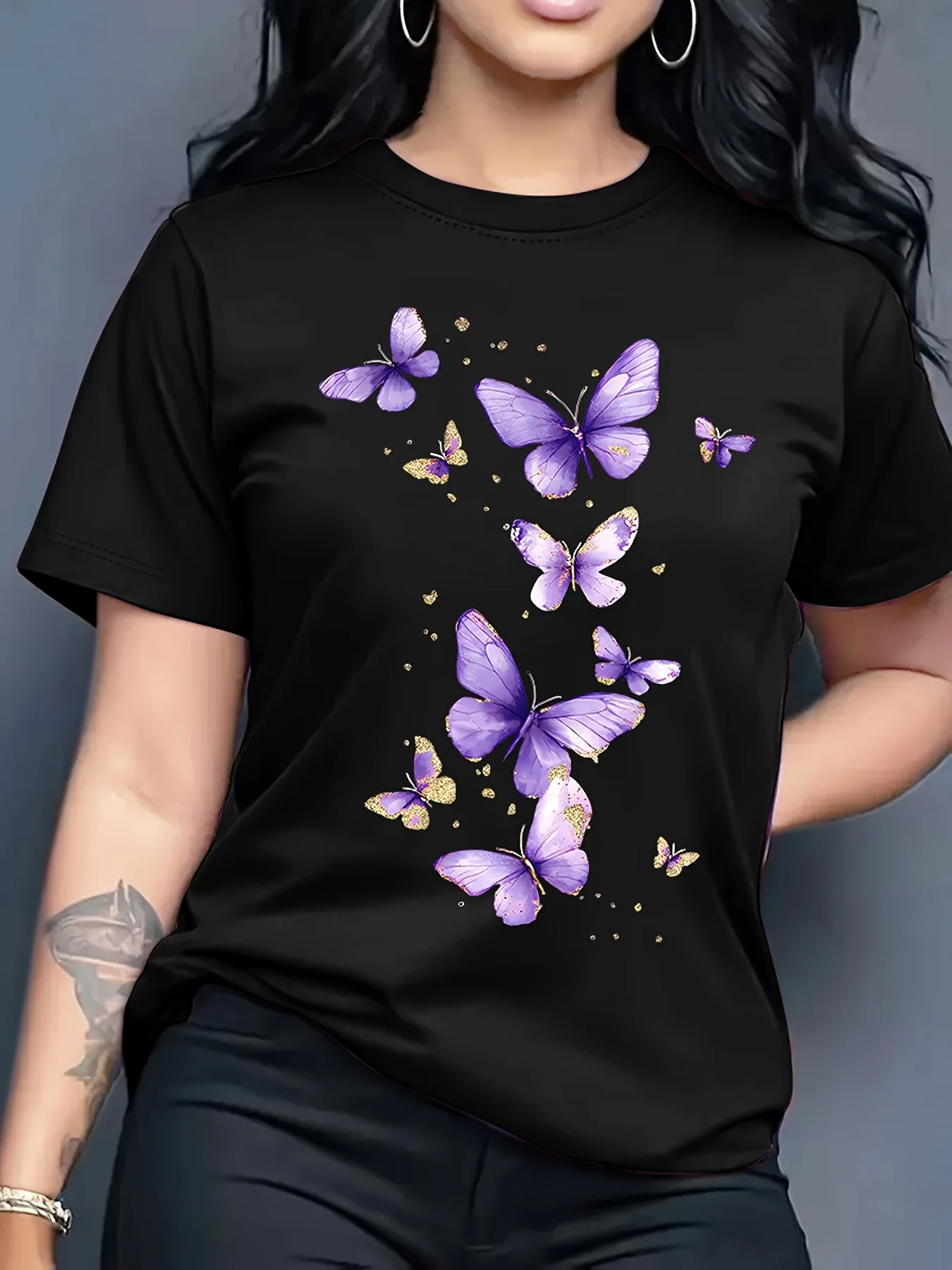 Butterfly Print Tee Short Sleeve O-Neck Casual Daily Top Summer Women's 2000s Y2k Clothes Harajuku Selection Breathable Lady Tee