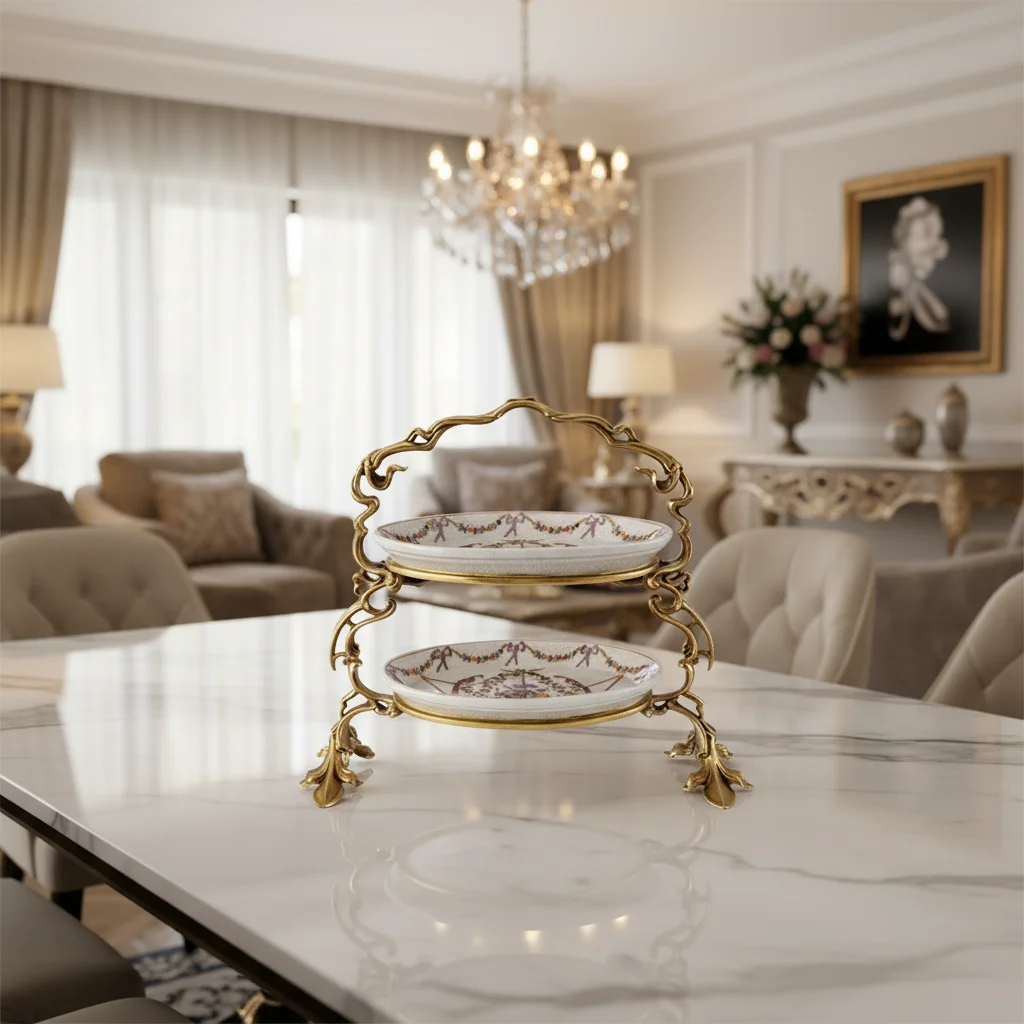 Classic style copper fruit plate with ceramic decoration, eco-friendly living room ceramic candy plate, brass accessories