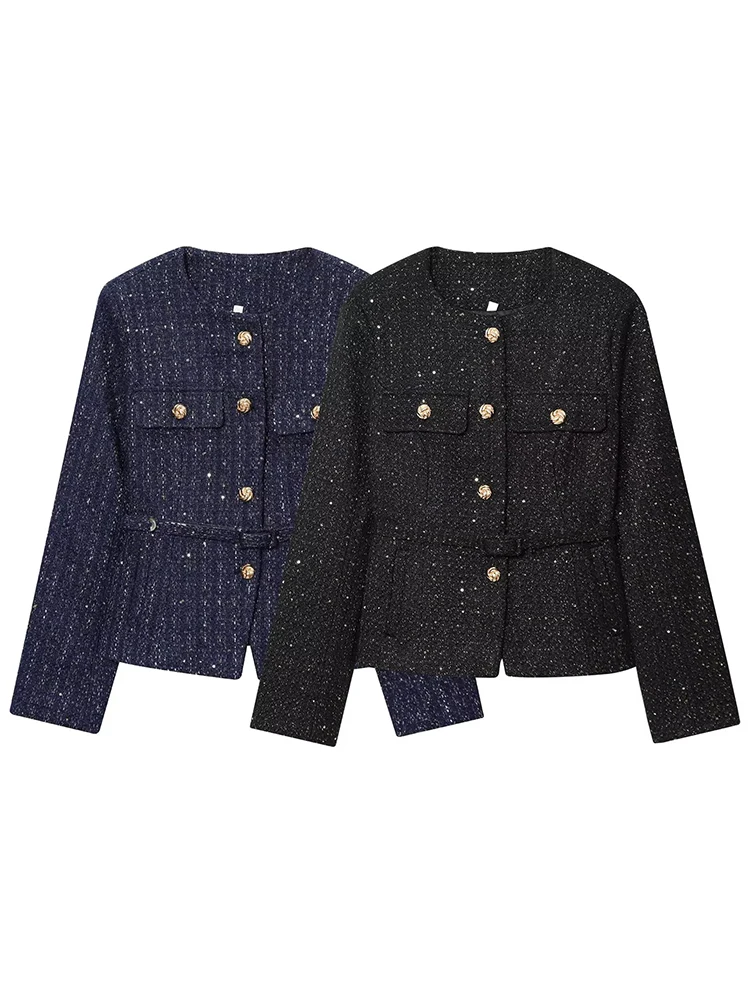 

HH модные женские куртки с блестками грубого прядения и поясом, осень 2022, женская однобортная элегантная милая одежда с длинными рукавами