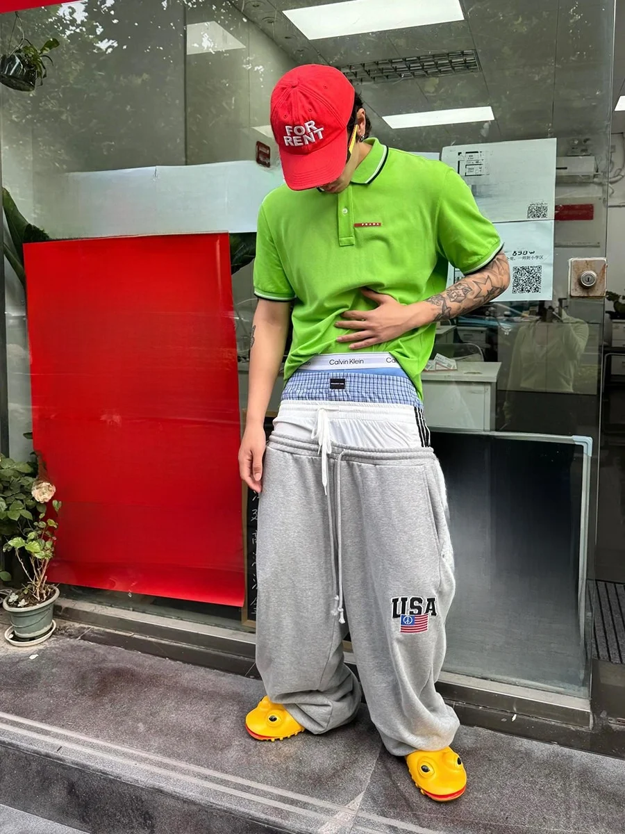 

Ailz Fugui American Sle Wide Leg Pants Cuffed Sweatpants Straight Leg Trousers for Men Youth Faion Cotton Blend Wear Resi...