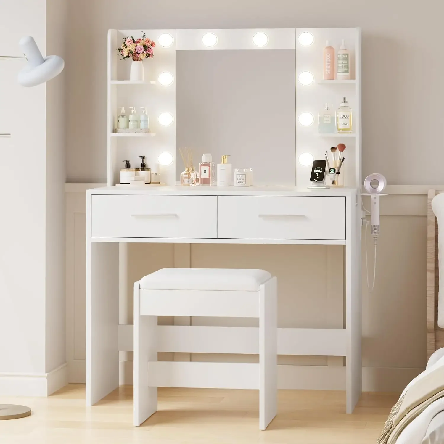 YESHOMY Vanity Desk with Mirror, Makeup Table with 2 Large Drawers, Power Outlet and Round Holder, 3 Color Modes Adjustable Bulb