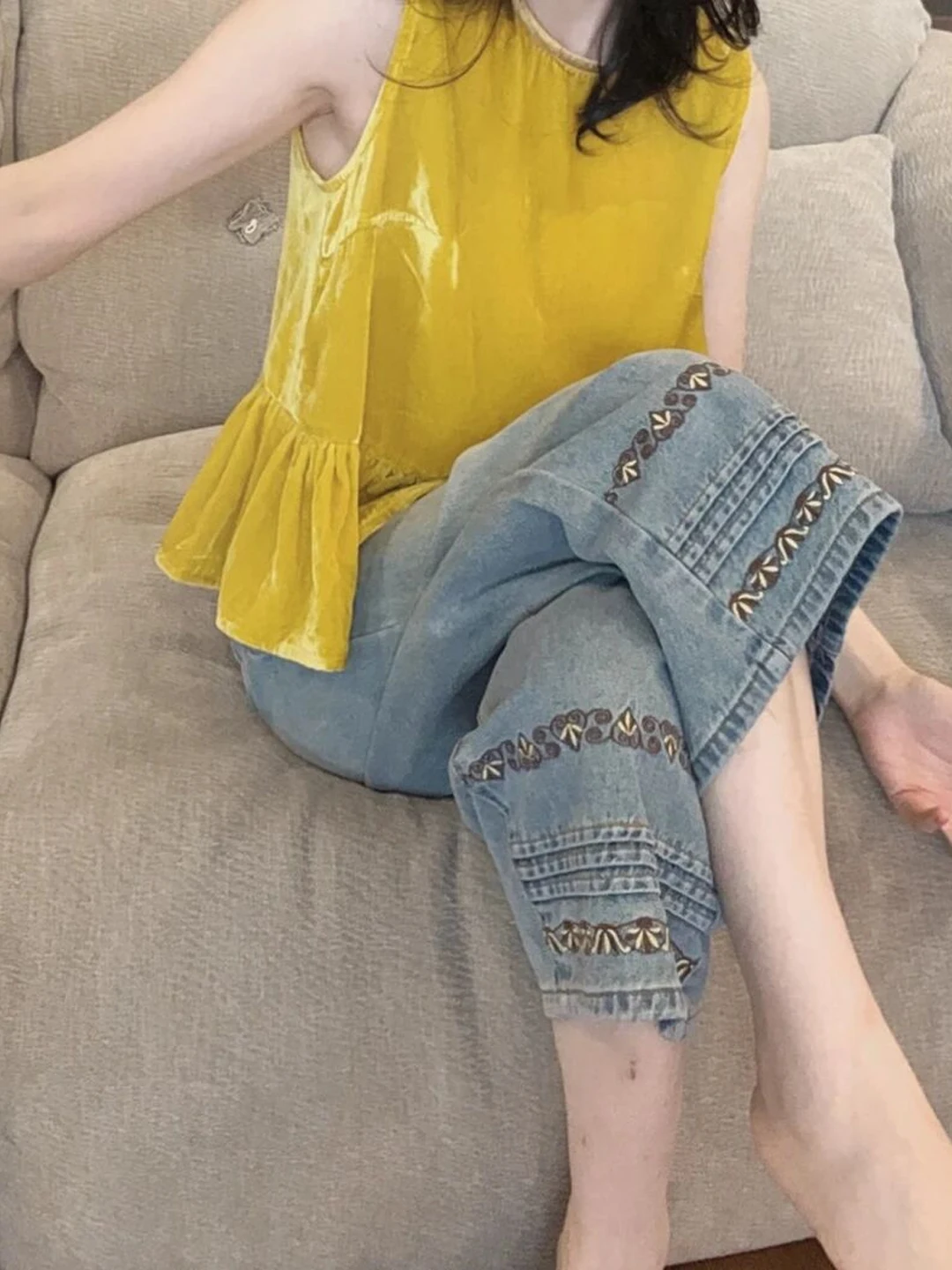 

Light Blue High Waist Wide Leg Jeans Women's Summer Ethnic Embroidery Loose Slimming Casual Straight Leggings