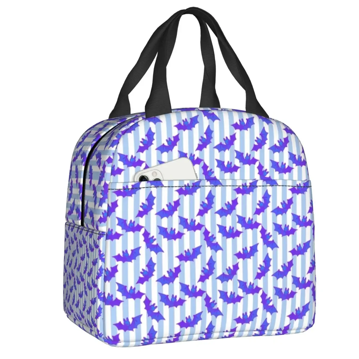 

Cool Flying Bats Striped Pattern Insulated Lunch Bags for School Office Portable Cooler Thermal Lunch Box Women Children