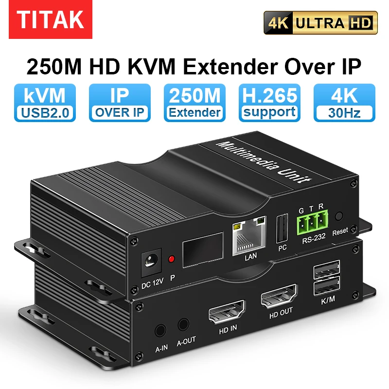 IP Network KVM Extender 4K USB 2.0 with RJ45 Ports 1080P HDMI-Compatible over LAN 250m HDMI-Compatible KVM Extender by BOX TV