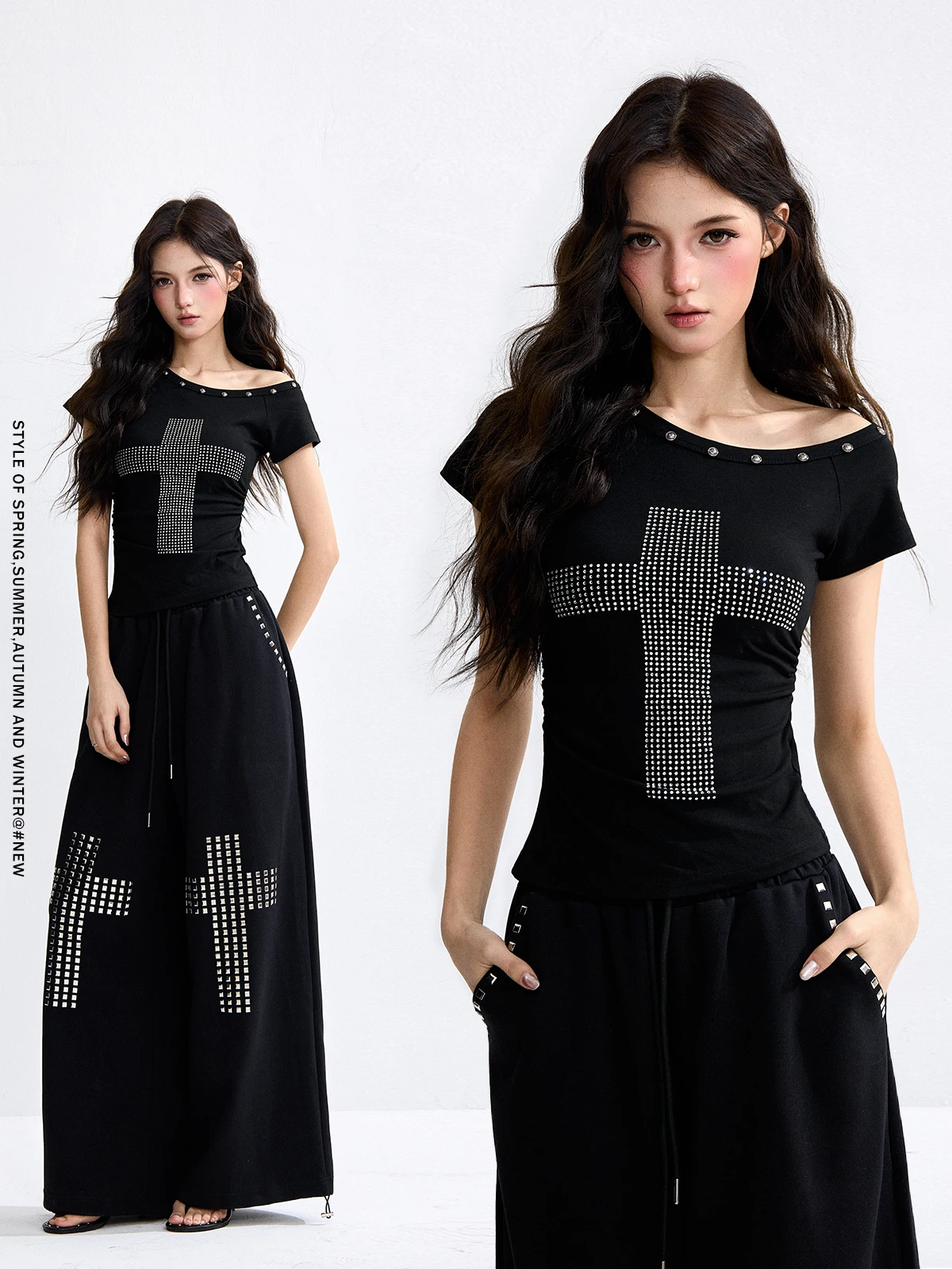

Style American Rhinestone Short Sleeve Women's T-shirt Summer Slimming Waist Design Sexy Side Shoulder Top
