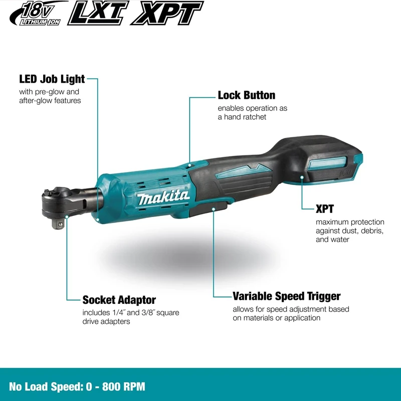 MAKITA DWR180Z 18V LXT Cordless Ratchet Wrench 6.35mm Drive 800RPM 47.5 N·m Angle Wrench Socket Wrench Power Tools DWR180