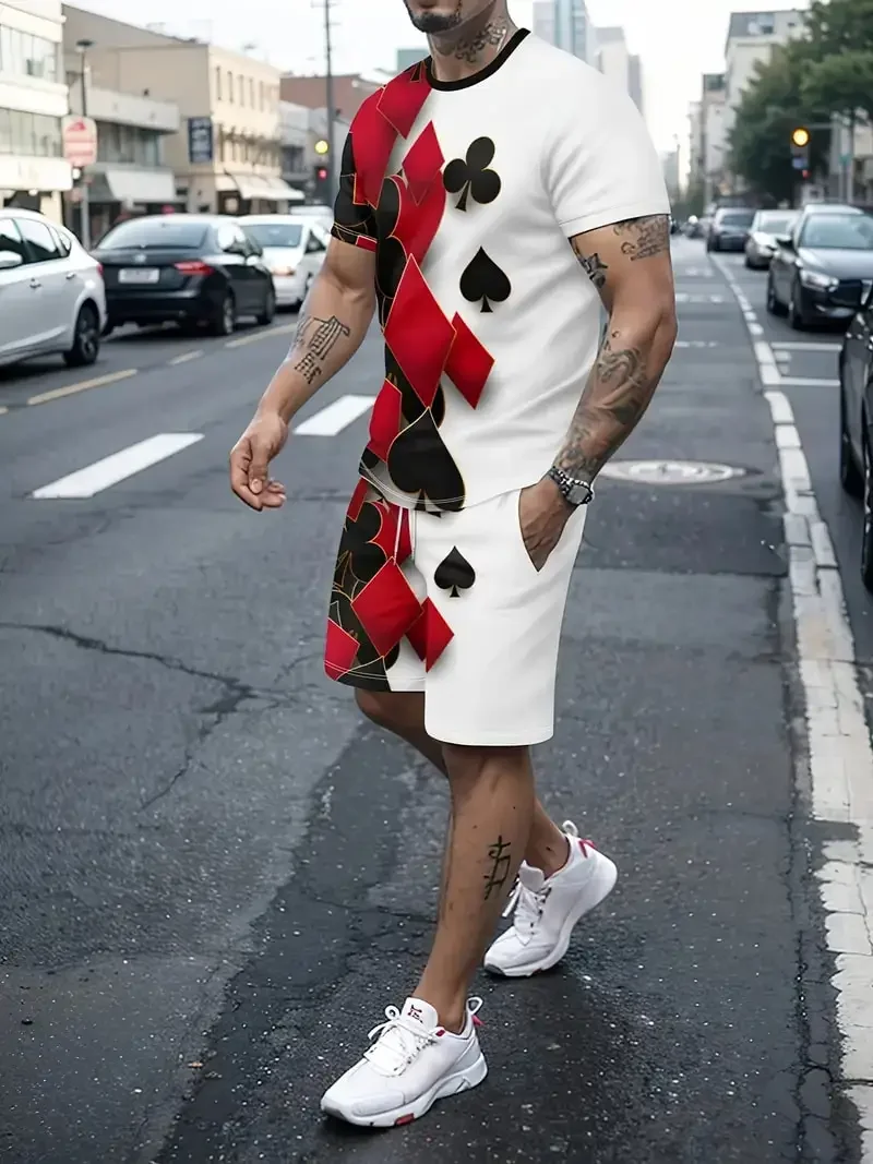 Summer Casual T Shirt+Shorts Suit Street Short Sleeve Sportwear Creative Playing Card Pattern Men Clothing 2-piece Sets 3D Print