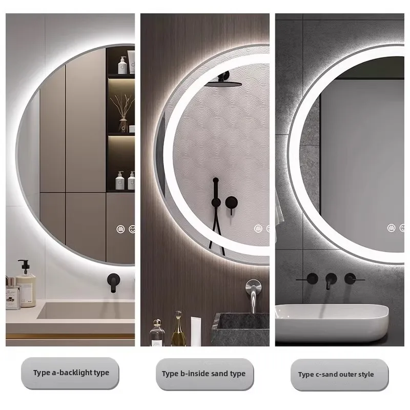Light Bathroom Mirror Anti-fog Touch Screen Bathroom Makeup Bathroom Mirror Non-punching Wall Hanging Diameter 50CM Smart LED