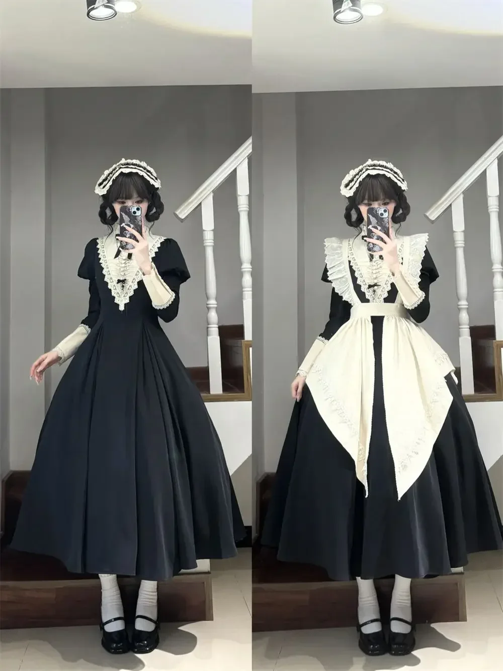 

Japanese Style Vintage Bubble Sleeve Long Black Dress Apron Two-piece Suit 2025 Spring Autumn Gothic Lolita OP Maid Dress Women