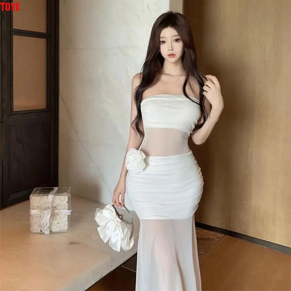 

Slim Fit Transparent Rose Long Dress High Waist Pleated Sleeveless Dress Spicy Girl Thin Tube Top Dress Ladies