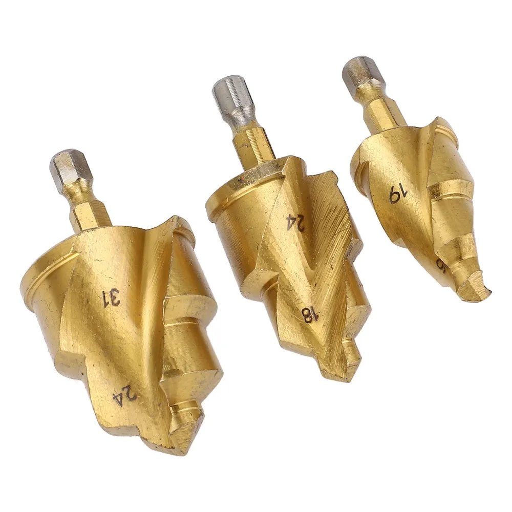 3pcs 1/4in Hex Shank PPR Pipe Expander Stepped Design Limit Rotating Flute Water Pipe Drill Bit Puncher Opener