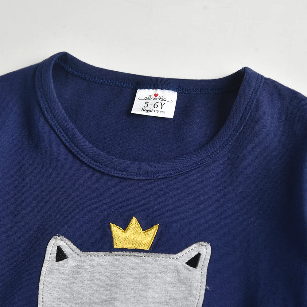 DXTON Spring Autumn Girls Tops Long Sleeve Kids Cotton T-shirts Cat Print Applique Children Casual Tees School Home Kids Wear