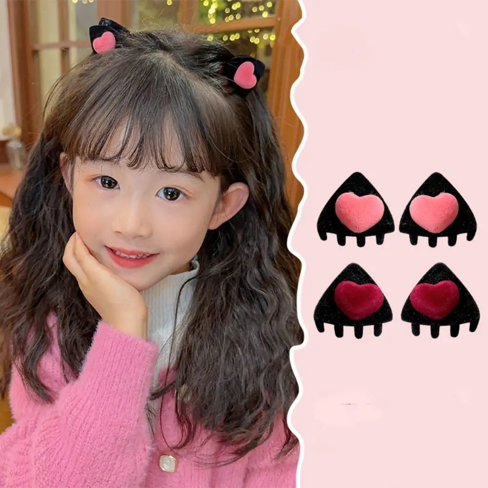 Cute Heart Cat Ear Hairpin Flocking Bow Children's Hair Clip Cartoon Kroean Style Velvet Hair Clip Baby