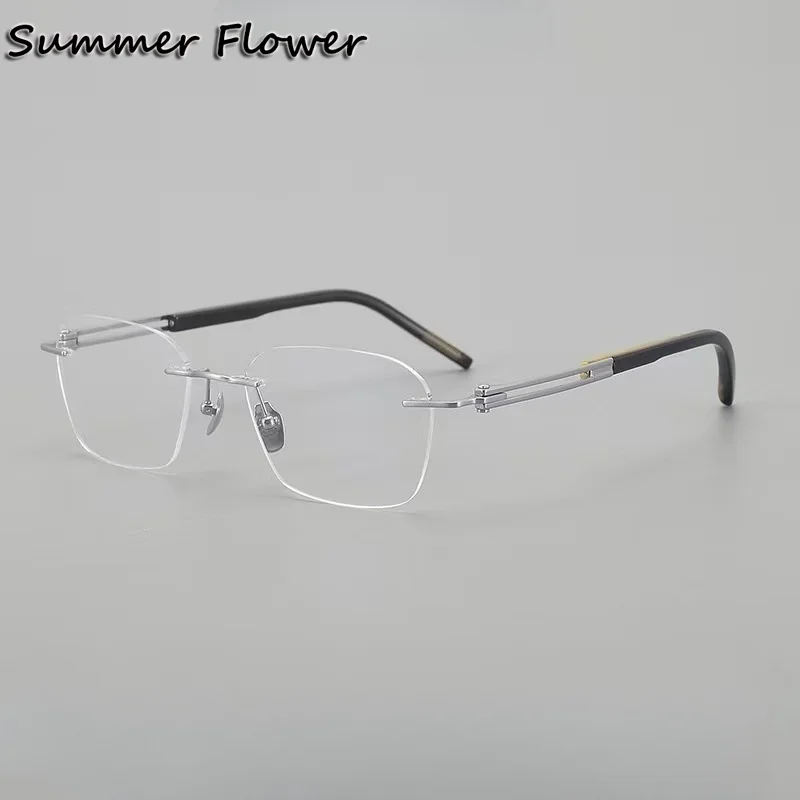 150 ミリメートルハイエンドメンズリムレスアイウェア純チタンレッドサムダル超軽量フレームメガネエレガントな光学処方眼鏡