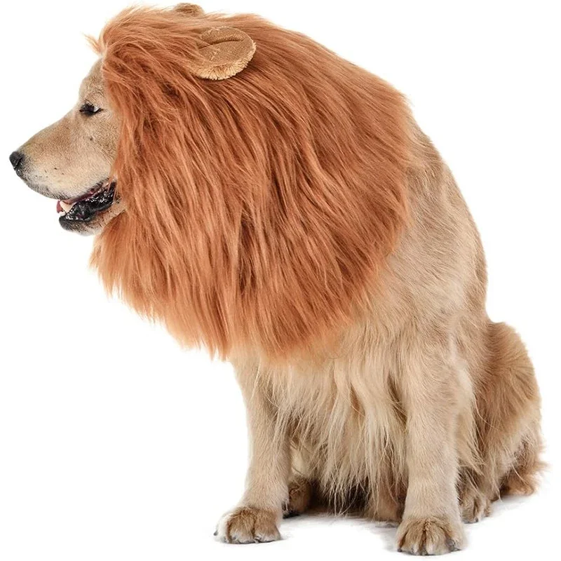 Dogs Emulation Lion Hair Mane with Tail for Medium To Large Sized Dogs Max 80cm Head Circumference Pet Cosplay Cap Scarf