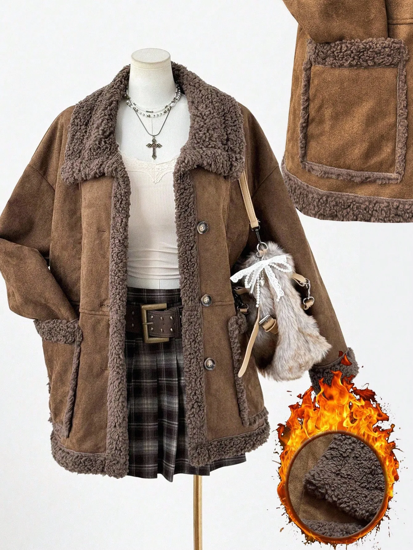 

Women's Faux Shearling Lined Suede Jacket with Pockets, Cozy Winter Coat for Casual Wear