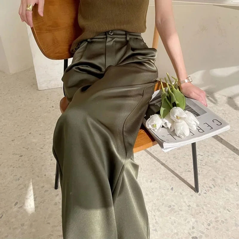 Summer Satin Wide Leg Pants Thin See-through Women Spring Office Straight Suit Trousers Baggy Elegant High Waist Straight Pants