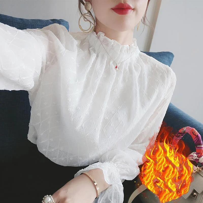 Thin/Thick White Bottoming Top Women's Solid Color Chiffon Shirt Stand Collar Ruffles Long Sleeve Blouse