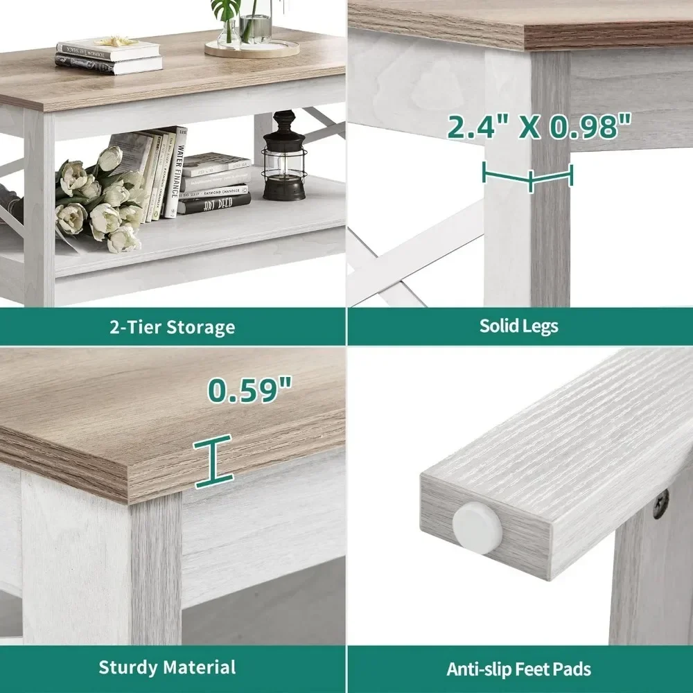 XMSJ-Modern Farmhouse Coffee Table com Armazenamento, 2 Piso Mesa de Madeira Sala, Frame resistente