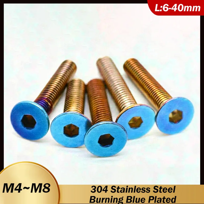 M4 M5 M6 M8 Burning Blue Plated 304 Stainless Steel Flat Head Hex Socket Countersunk Head Screw Bolt Steering Wheel Screws