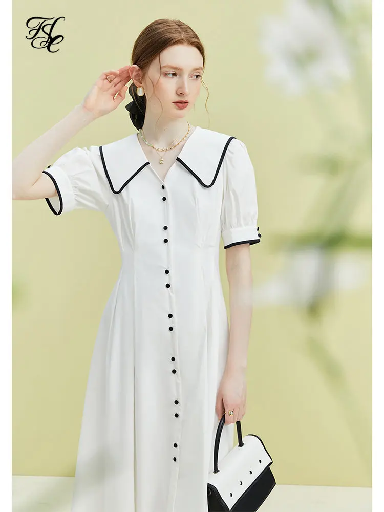 FSLE Navy Collar French Dress Women's Summer 2023 New Temperament Shirt Dress For Women White Black Casual Loose Women Dress