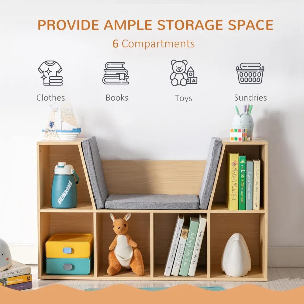 Libreria per bambini a 6 Cubby con angolo di lettura e cuscino, Organizer multiuso per camera da letto, soggiorno