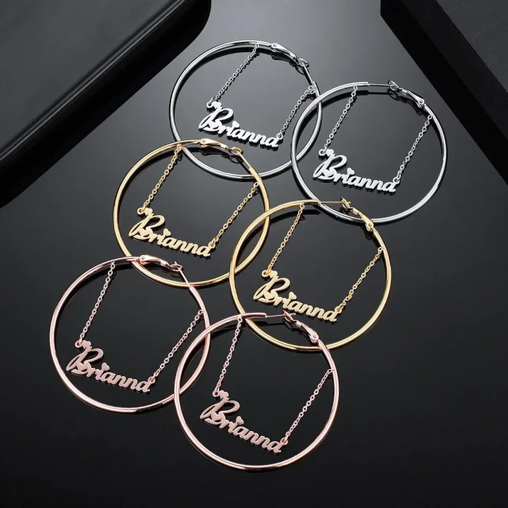 

Personalized 60mm Custom Name Earrings For Women Stainless Steel Heart Pendant Big Hoop Weddings Party Designer Jewelry Gifts