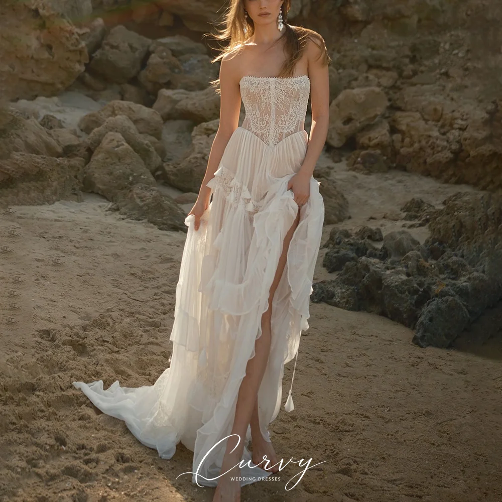 Curvy Whimsical Boho A-Line Wedding Dresses for Women Strapless Lace Tiered Ruffle Tassel Detail Bridal Dress Beach Wedding